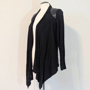 Black Open Cardigan Blazer with Faux Leather Trim - Cleo Small Medium